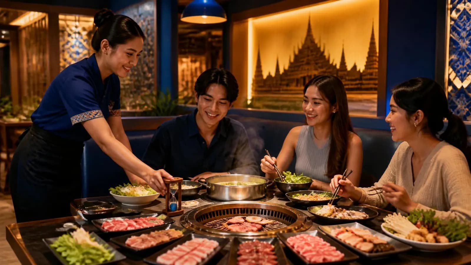พนักงานวางป้ายจับเวลาบนโต๊ะบุฟเฟ่ต์ปิ้งย่าง