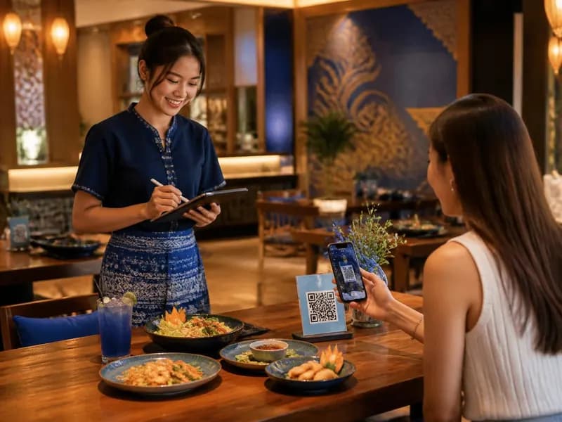 พนักงานรับออเดอร์บนแท็บเล็ต ขณะที่ลูกค้าสแกน QR บนโต๊ะร้านอาหาร